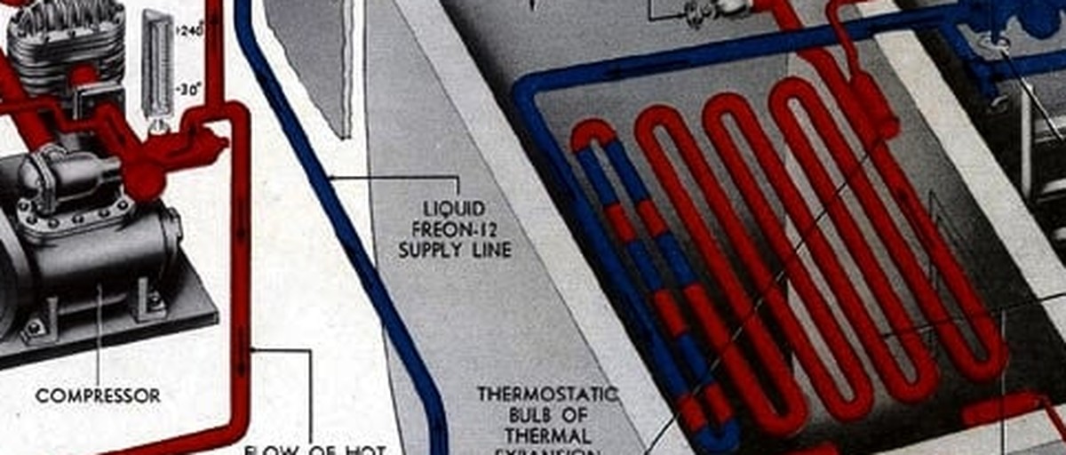 Refrigeration system diagram: compressor, liquid Freon-12 supply line and thermostatic bulb